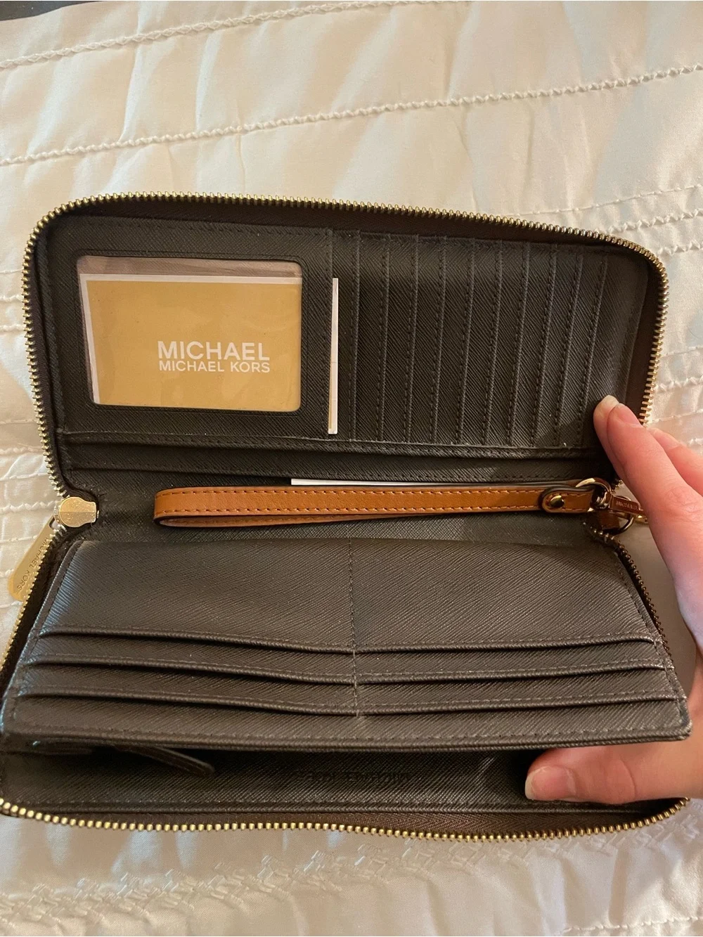 Michael Kors Beige Signature MK Zip-Around Continental Wallet with Gold Plate